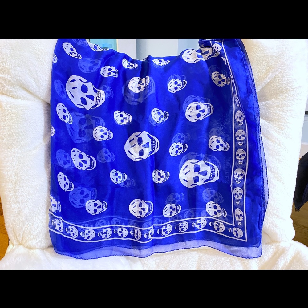 Alexander McQueen Blue Silk Skull Printed Scarf